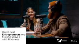 Two young adults recording a New Jersey Entrepreneur Podcast, smiling with a glass of water and a laptop on the table.