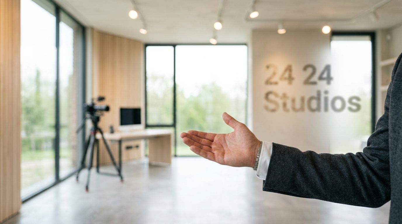A person in a suit gesturing toward a professional video production office interior called 24 24 Studios.