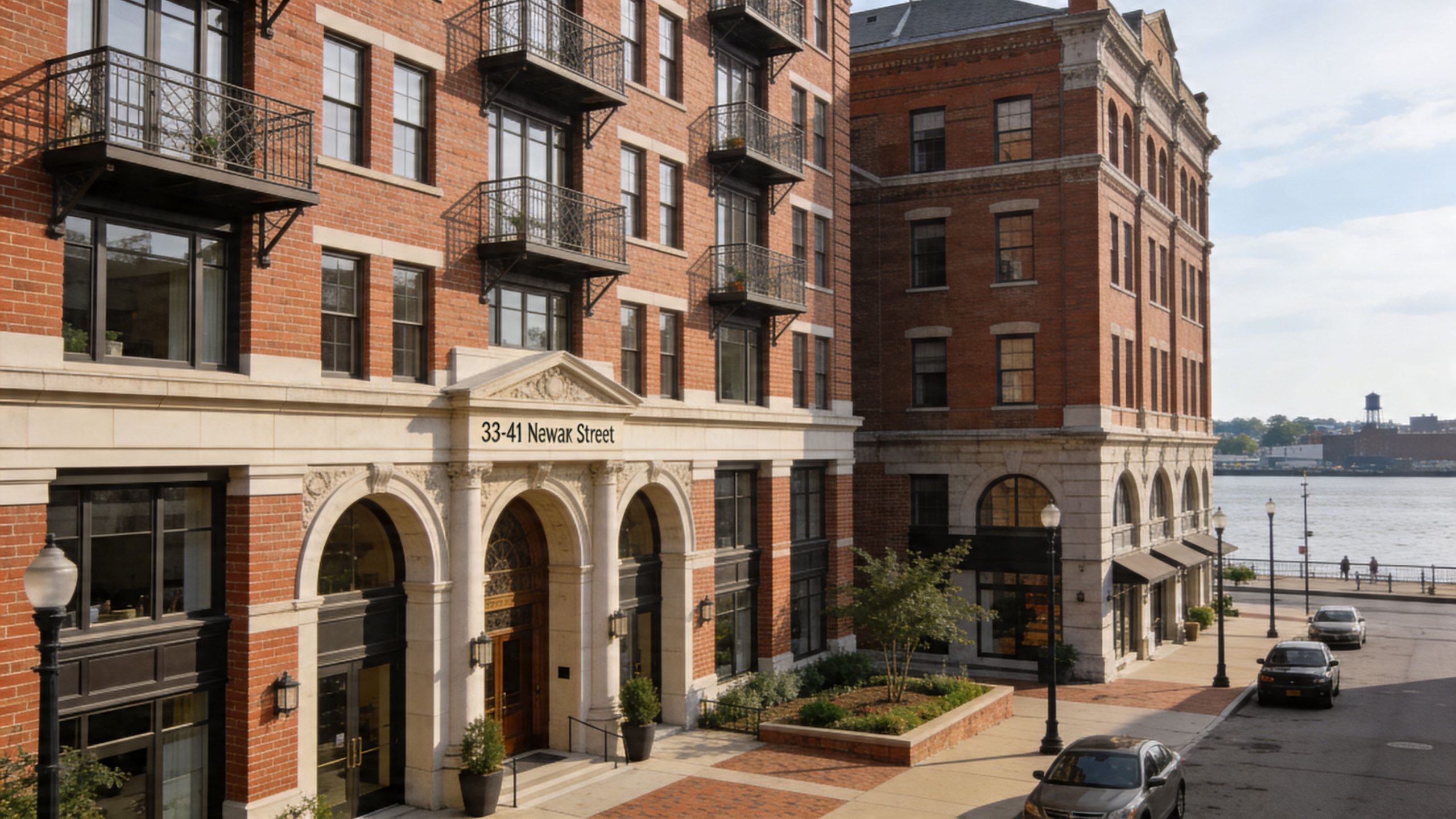A historic brick apartment building at 33-41 Newark Street in Hoboken, New Jersey with a waterfront view.