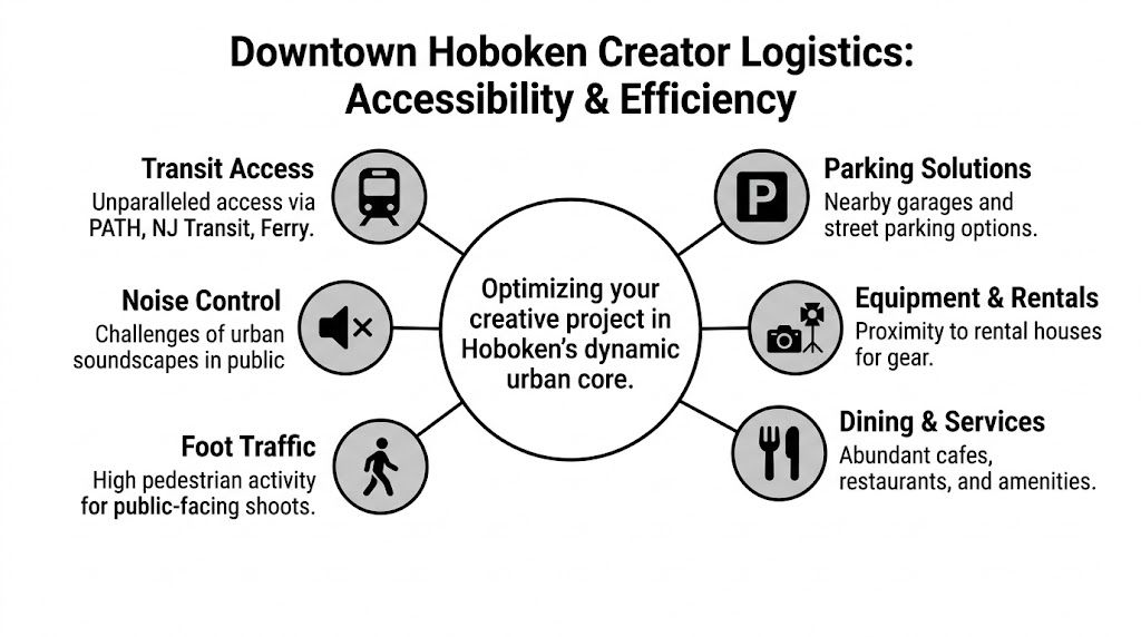 A diagram outlining logistics for creative projects in downtown Hoboken, including transit, parking, and dining services.