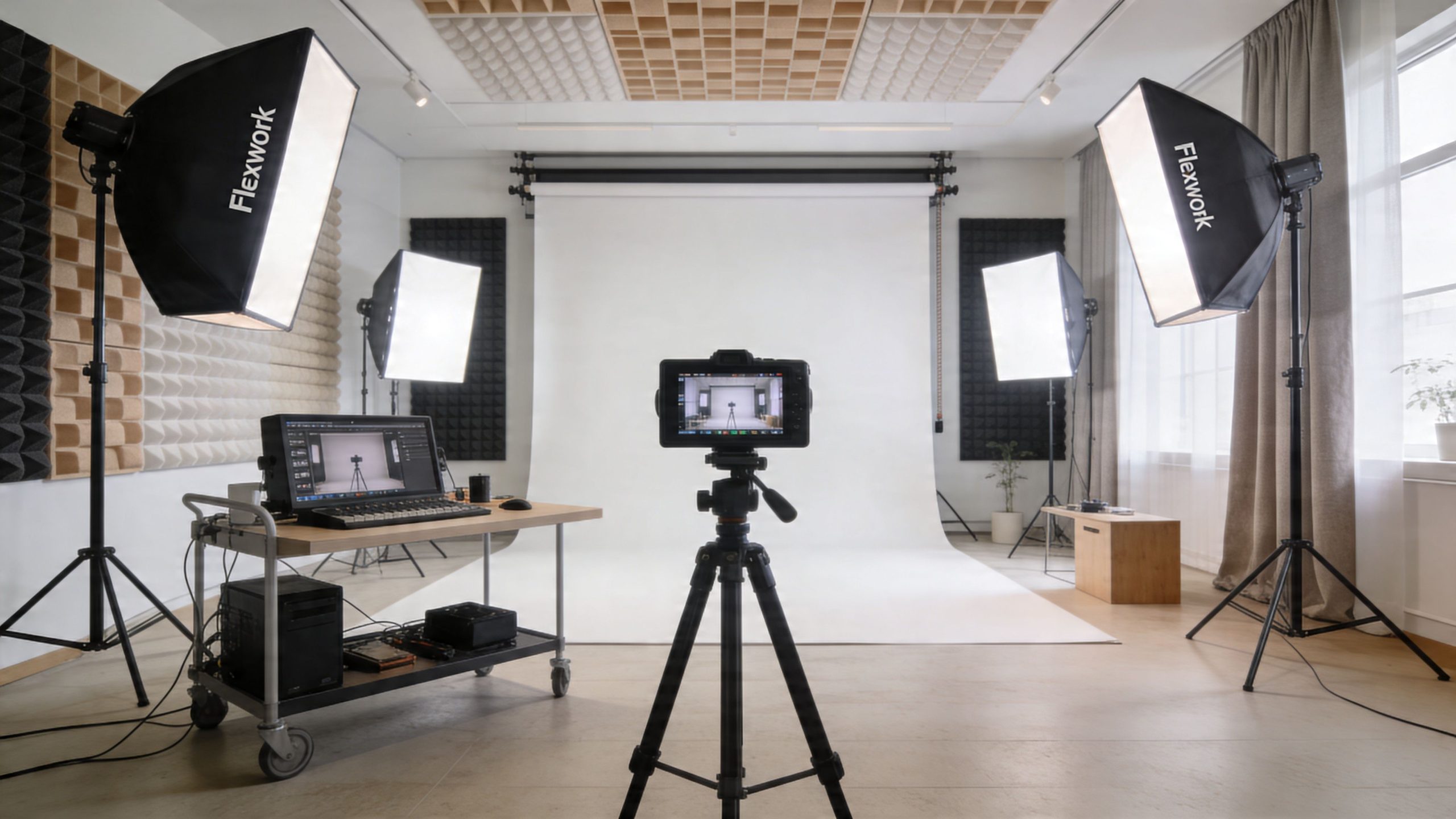 A professional photography studio setup featuring a camera on a tripod, studio lighting, and editing workstation.