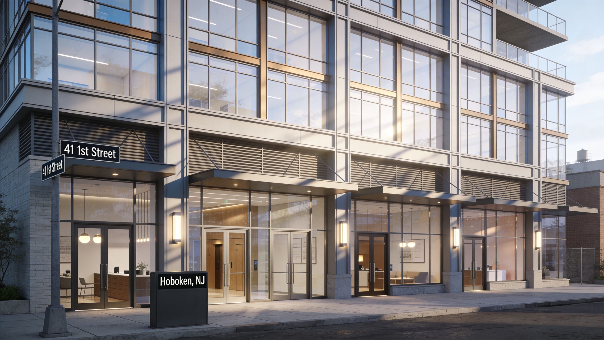 A modern commercial building exterior with large glass windows and storefront entrances at 41 1st Street, Hoboken.