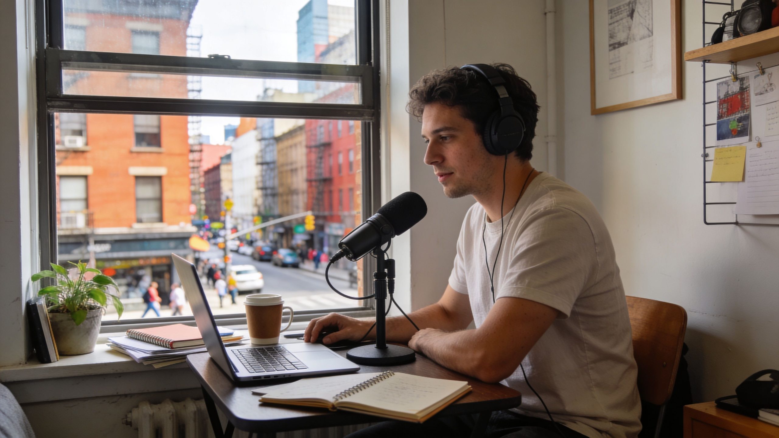 A young man recording a podcast using a microphone and laptop while sitting by a bright window.