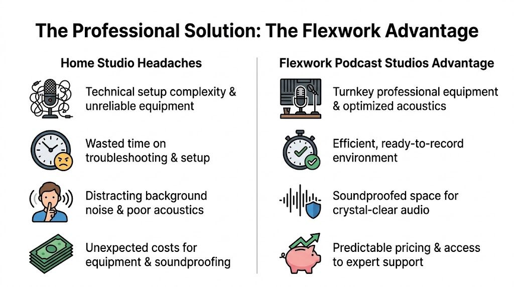 A comparison chart showing the benefits of professional podcast studios versus the challenges of home recording setups.