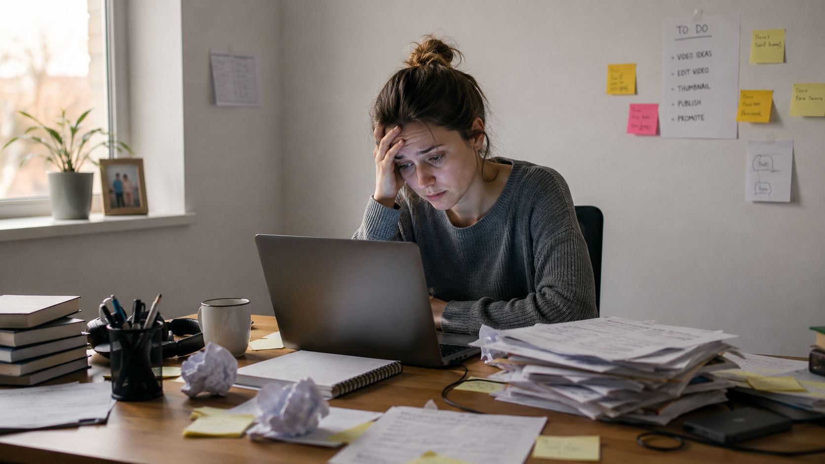 A young woman looking stressed while sitting at a cluttered desk with a laptop and papers.