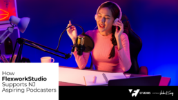 NJ Podcasting Support: Young lady podcasting with a microphone, pink headphones, and a pink shirt, with a notepad, pencil, and hot beverage on her table.
