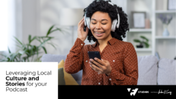 Local storytelling podcasts: Leveraging Local Culture and Stories for Your Podcast: A woman listening intently to a podcast on her phone using headphones, inspired by Springfield's local culture and history.
