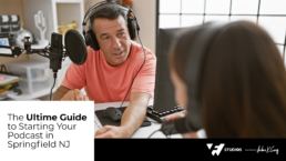 Starting Your Podcast: Man and woman recording a podcast in Springfield, NJ, with microphones and headphones.