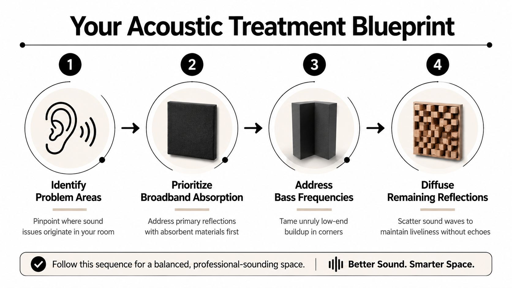 A four-step infographic illustrating the logical process for applying professional acoustic treatment to a room.