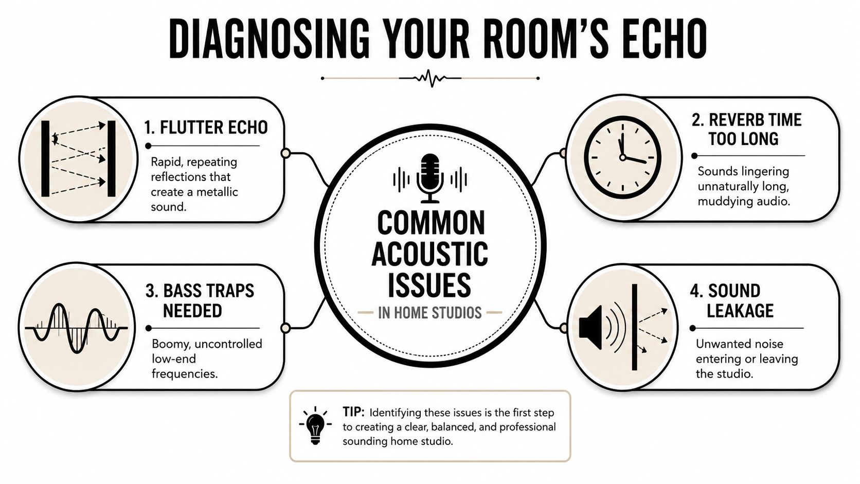 An infographic titled Diagnosing Your Room's Echo illustrating four common acoustic issues in home studios.