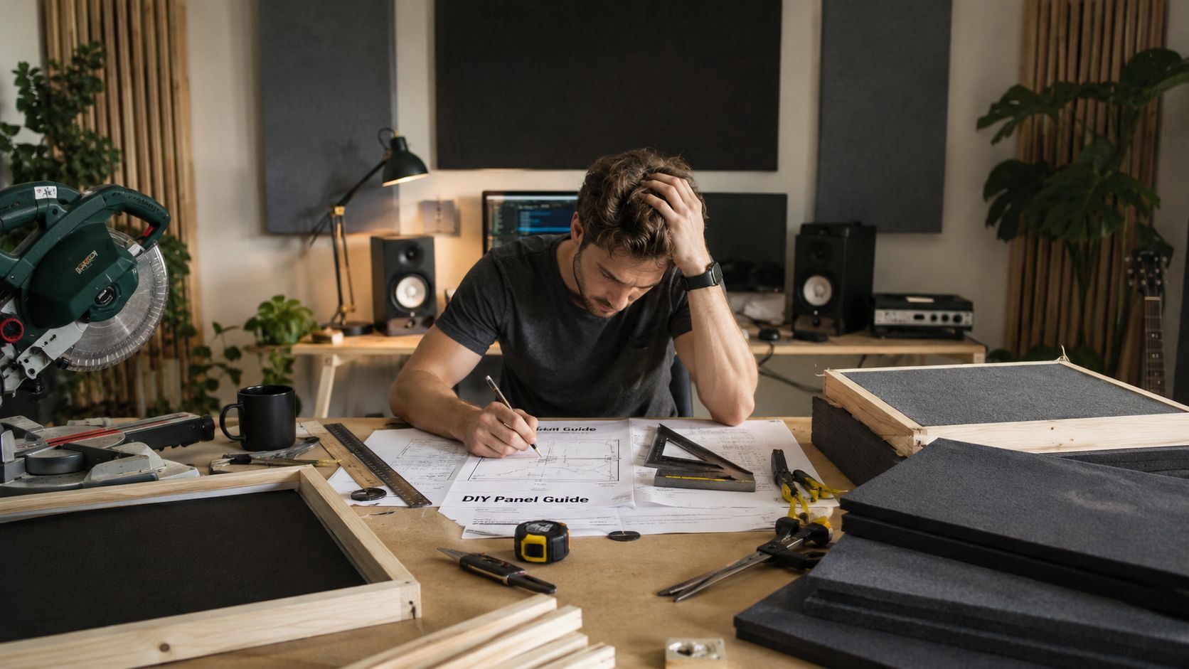 A focused man building acoustic panels for a home studio while looking at technical diagrams.