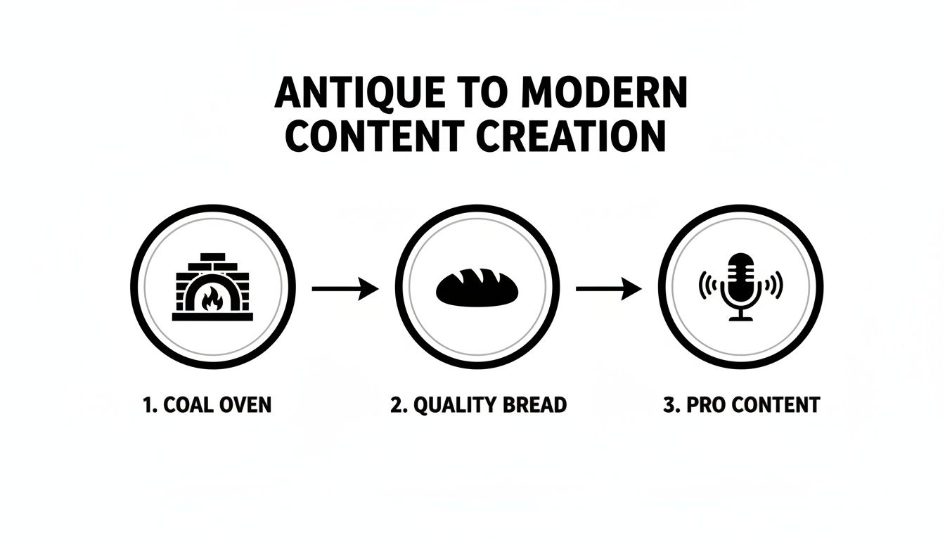 Diagram illustrating the journey from antique coal oven to quality bread, then to modern pro content creation.