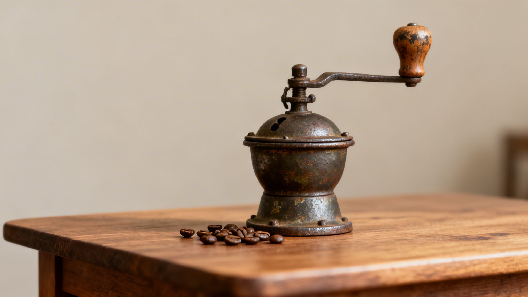 An antique, rusty coffee grinder sits on a wooden table next to scattered coffee beans.