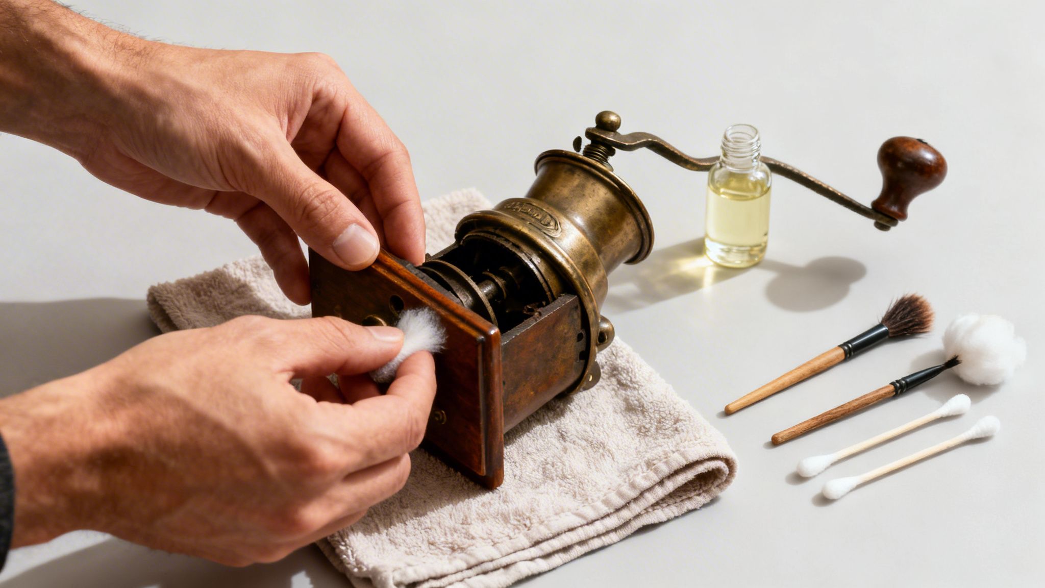 Person's hands meticulously cleaning an antique coffee grinder with a cotton swab and oil.