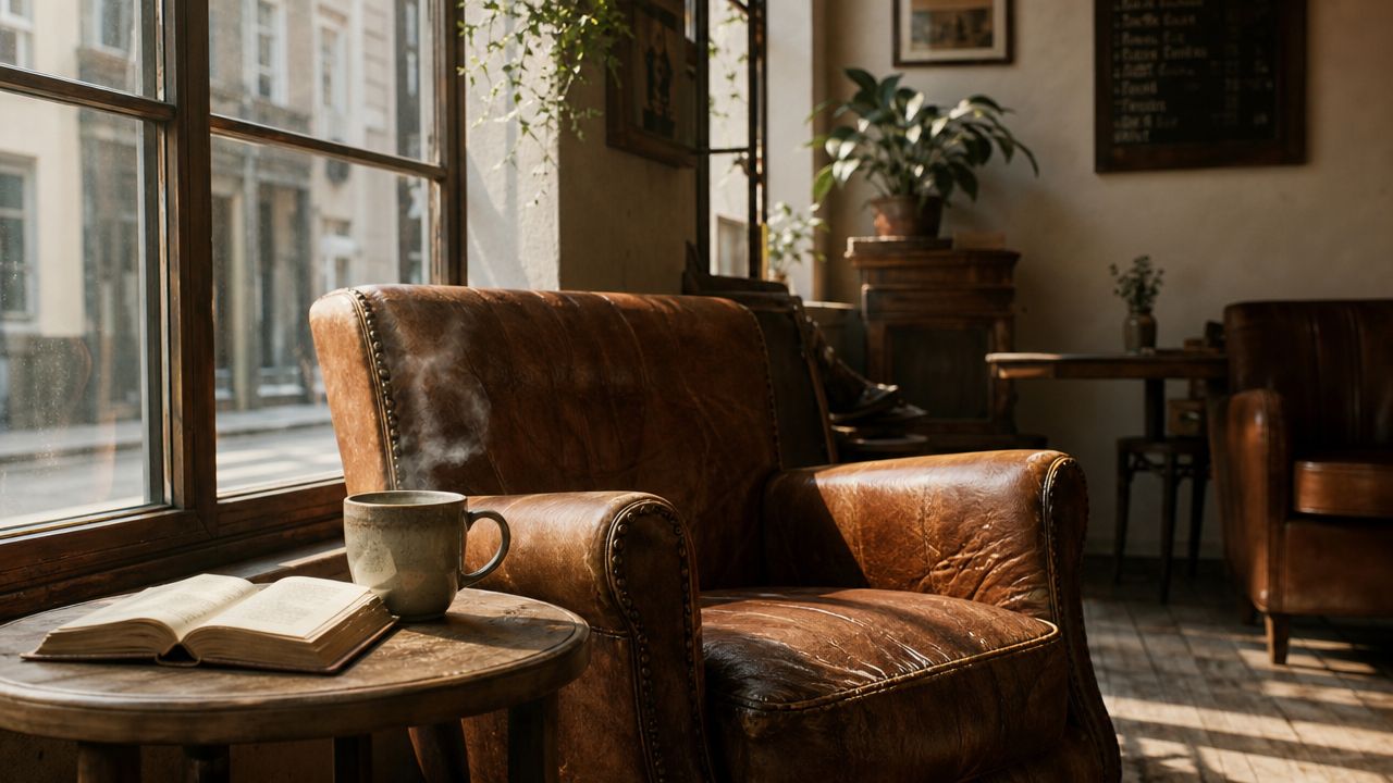 A steaming mug of coffee and an open book sitting on a wooden table beside a vintage leather armchair.