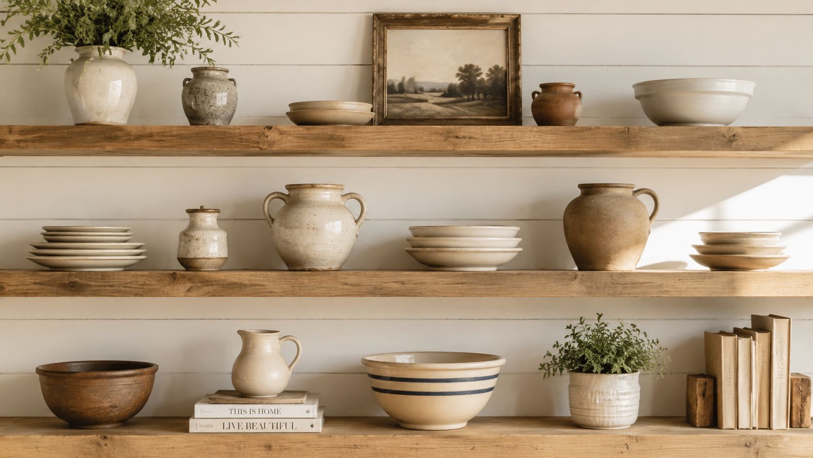 Rustic wooden shelves displaying an assortment of vintage pottery, ceramic bowls, books, and green potted plants.