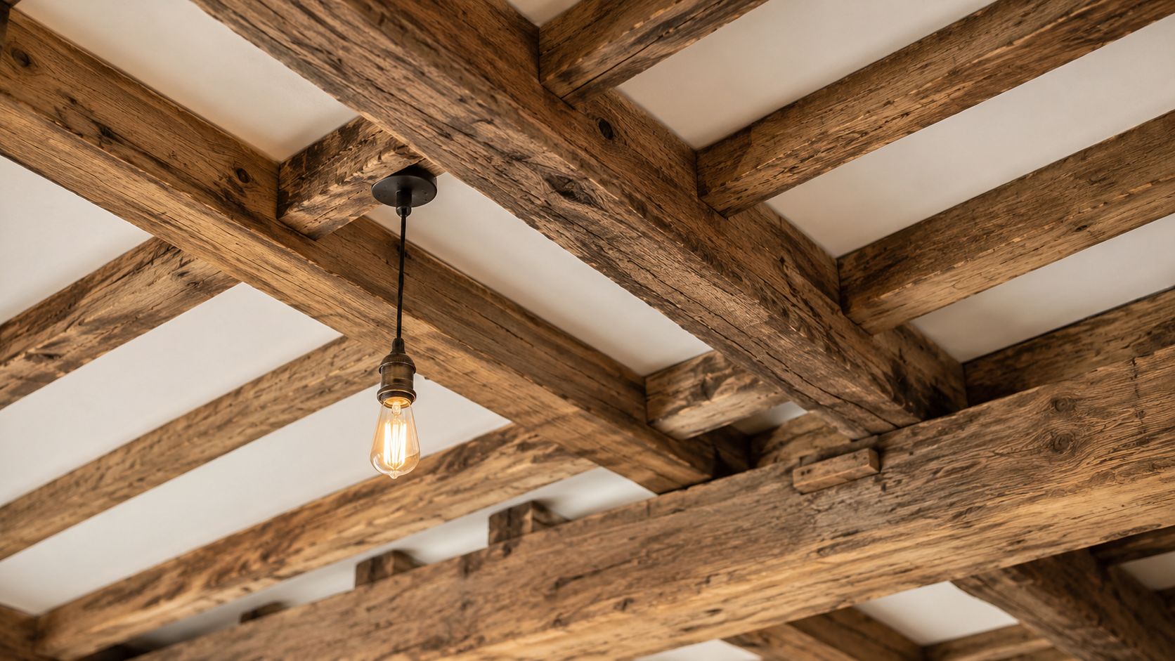 A rustic ceiling with exposed wooden beams and a single vintage hanging Edison light bulb fixture.