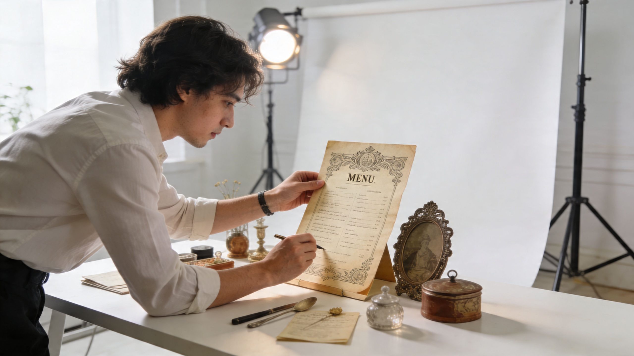 A man in a white shirt writes on an antique menu at a wooden desk with vintage decor.