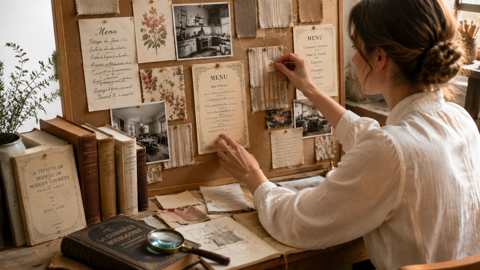 A woman designing a vintage menu while pinning samples and antique kitchen photos to a cork board.