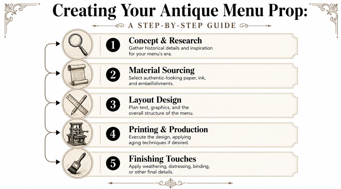 A five-step instructional guide on how to create a decorative antique-style menu prop for displays.