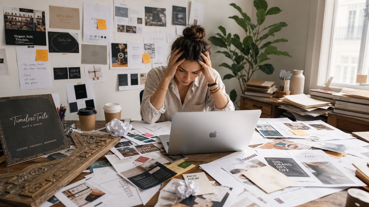 A stressed woman working on a laptop surrounded by cluttered design documents and coffee cups in an office.