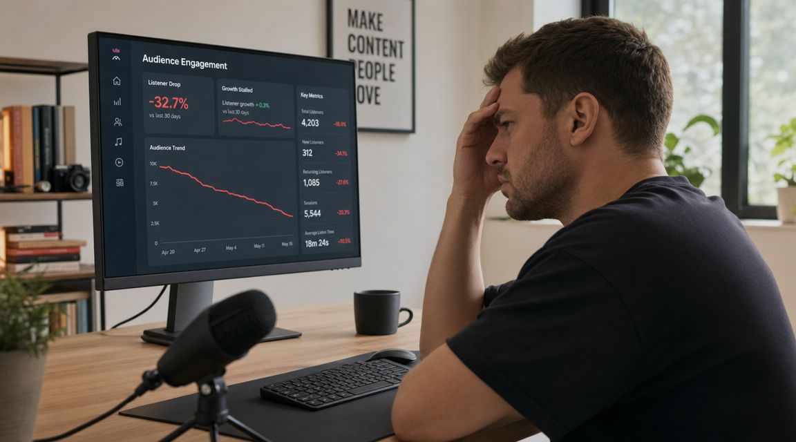 A frustrated podcaster looking at declining audience engagement metrics on his computer screen in his home studio.