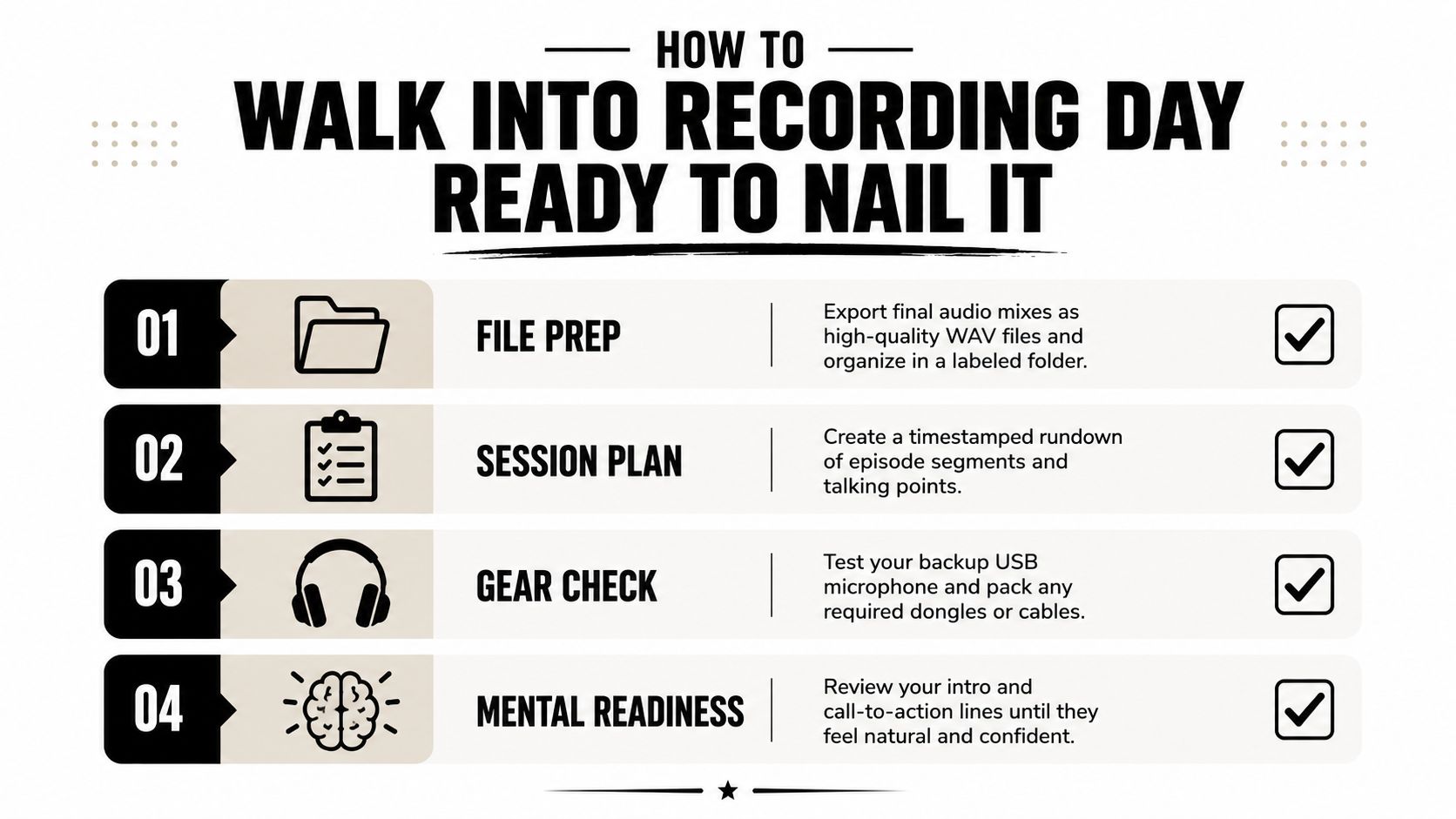 A checklist infographic titled How to Walk Into Recording Day Ready to Nail It with four tips.