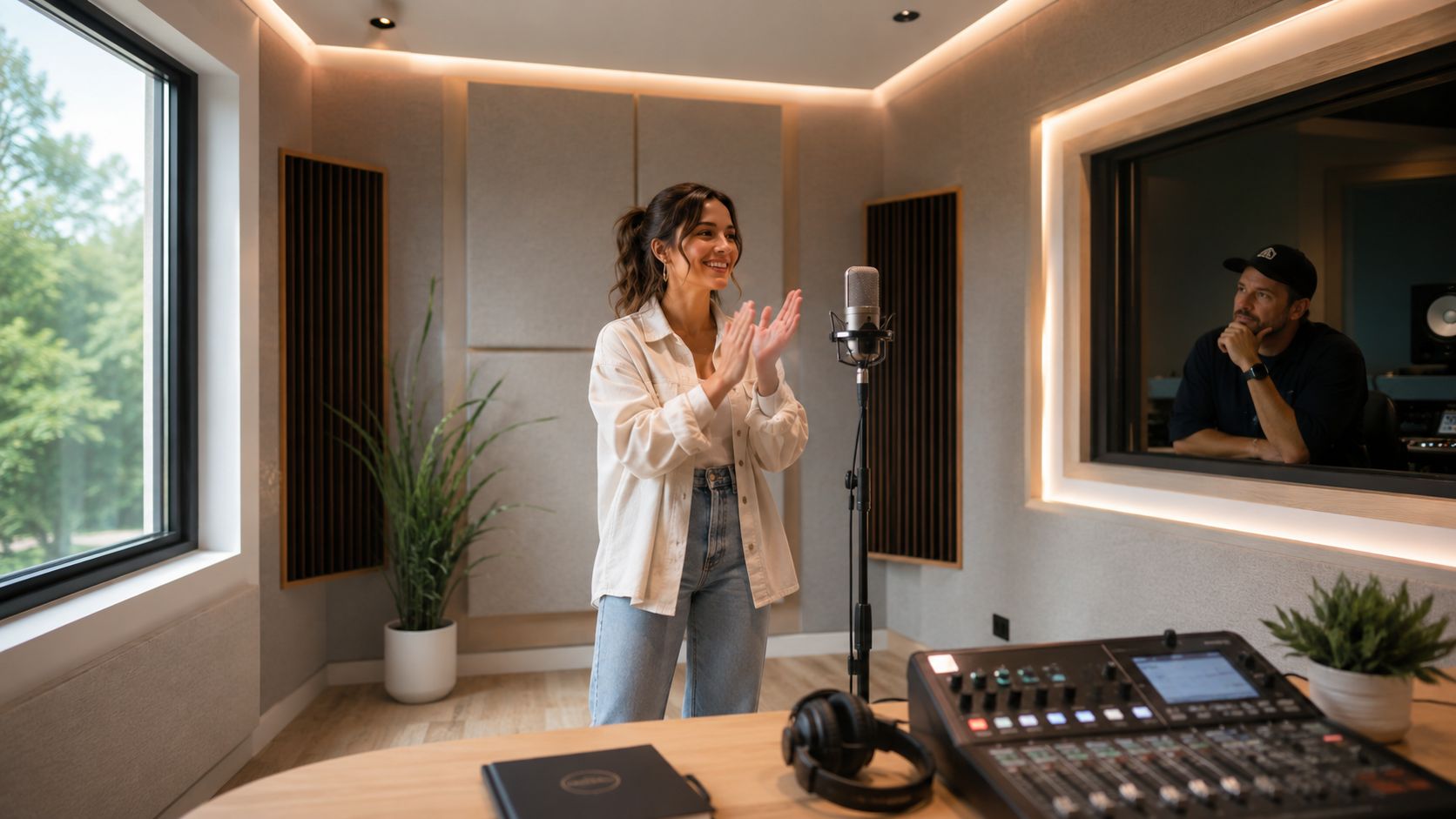 A woman smiling and clapping in a modern audio recording studio with a mixing console in foreground
