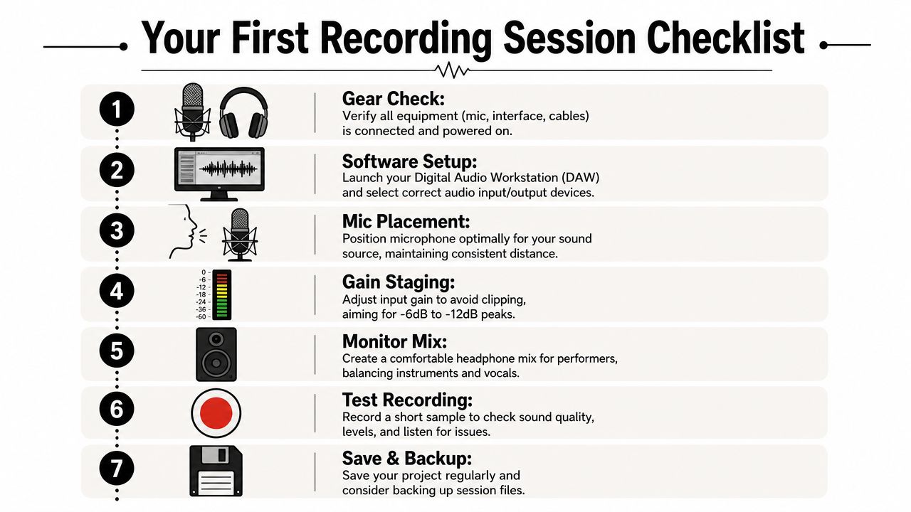 A seven-step checklist for setting up a first audio recording session, covering gear, software, and tracking.