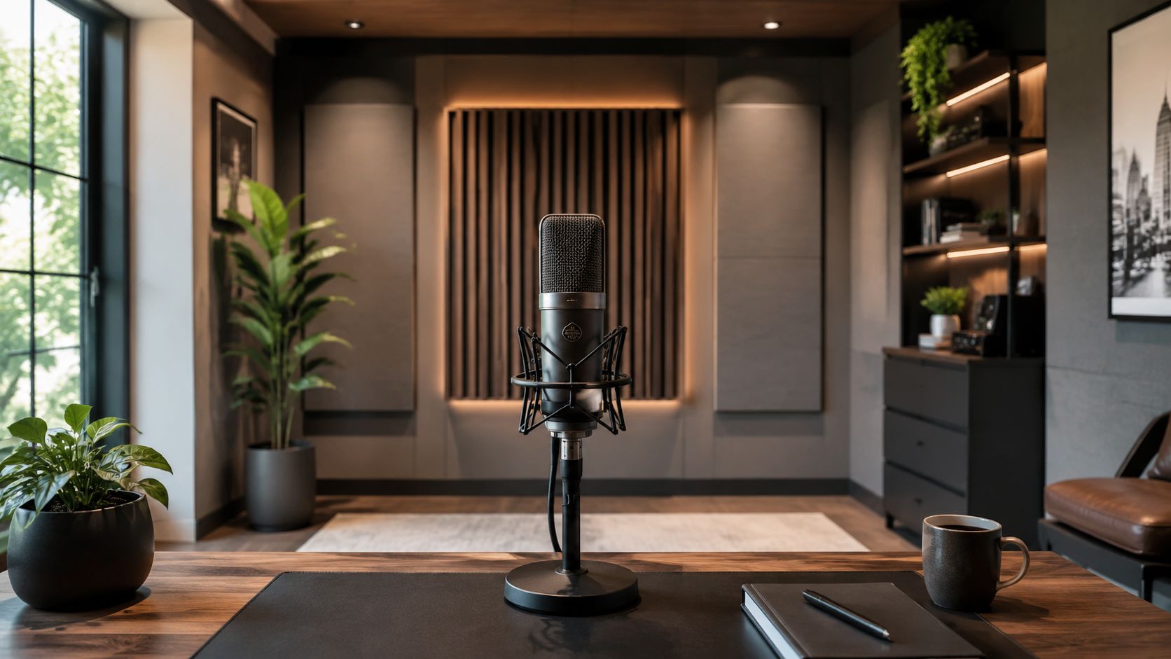 A professional condenser microphone on a wooden desk in a modern, stylish audio recording studio setup.