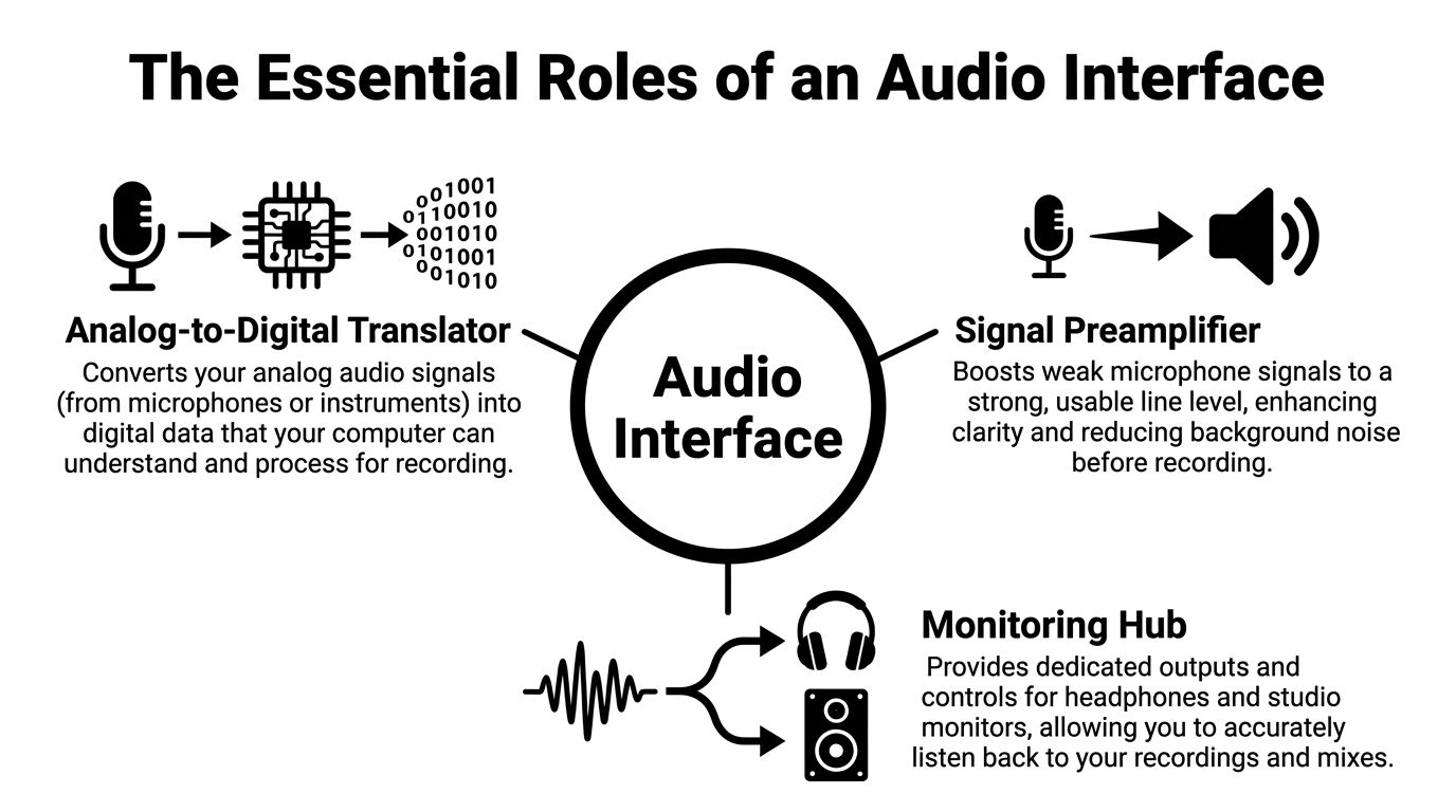 A diagram explaining the three essential roles of an audio interface for recording audio in a studio.