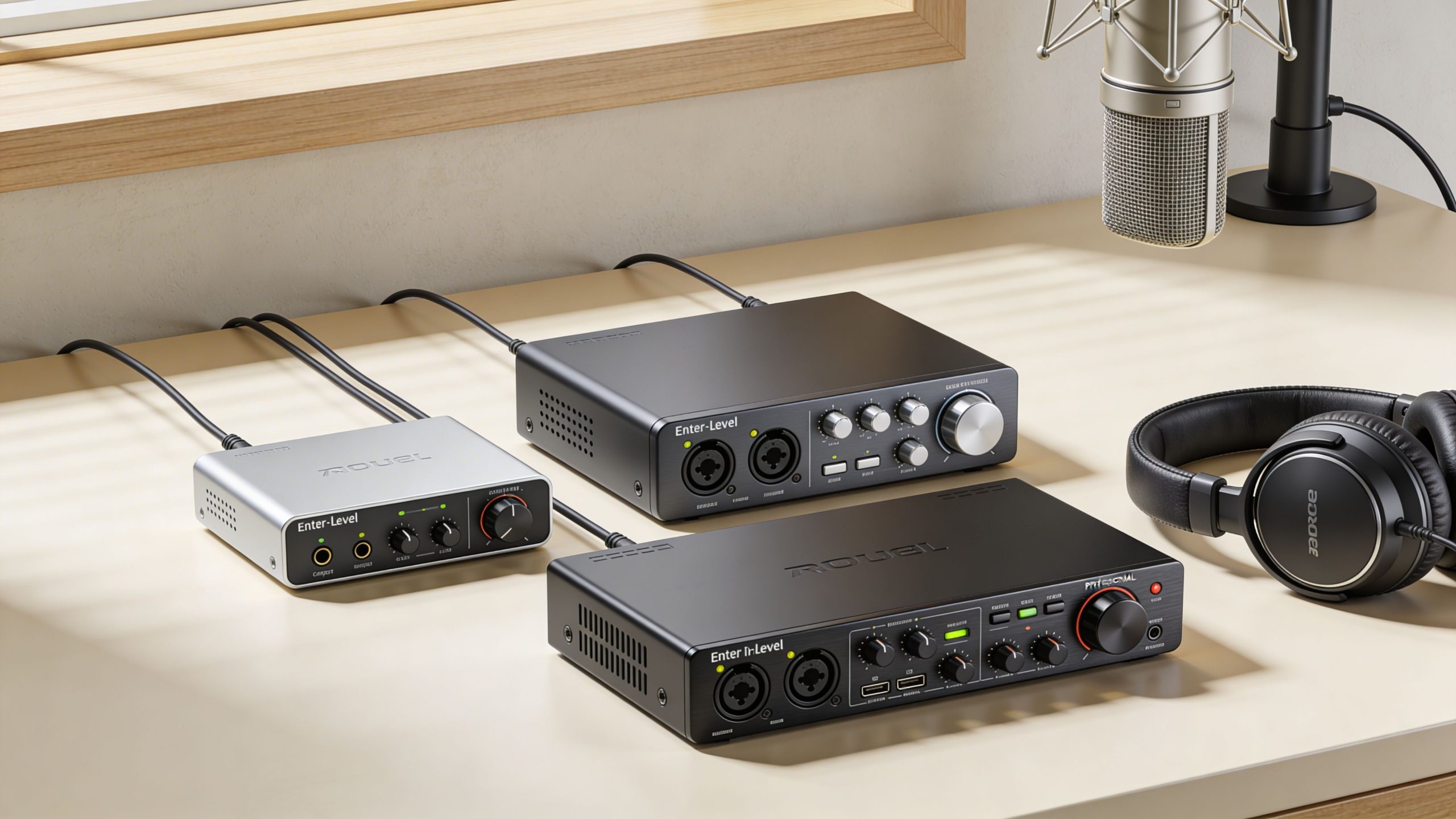 Three professional audio recording interfaces and a studio microphone with headphones on a wooden desk.