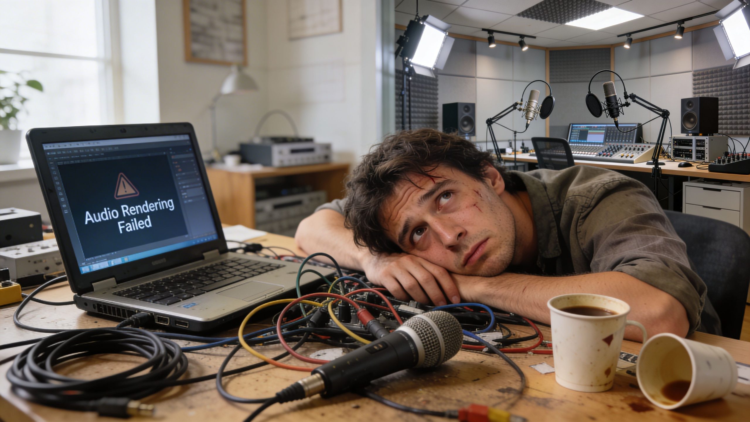 An exhausted man rests his head on a desk while a laptop displays an audio rendering error.
