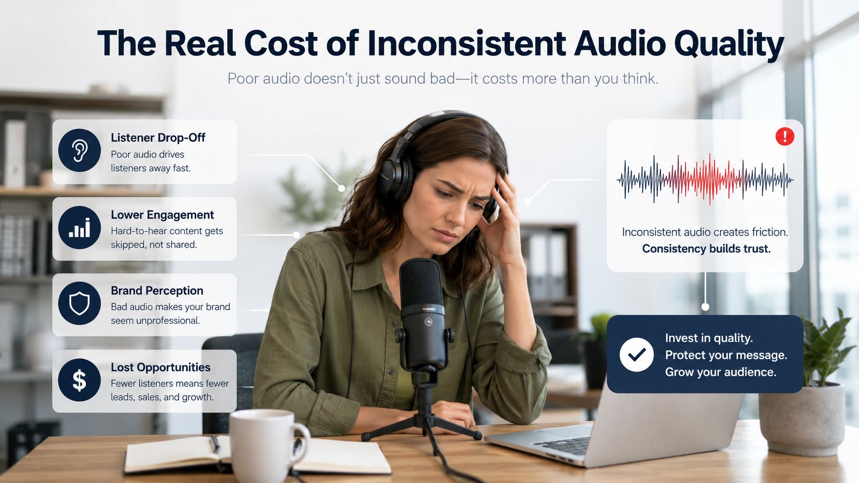 A woman looks frustrated while recording a podcast, illustrating the negative impacts of inconsistent audio quality.