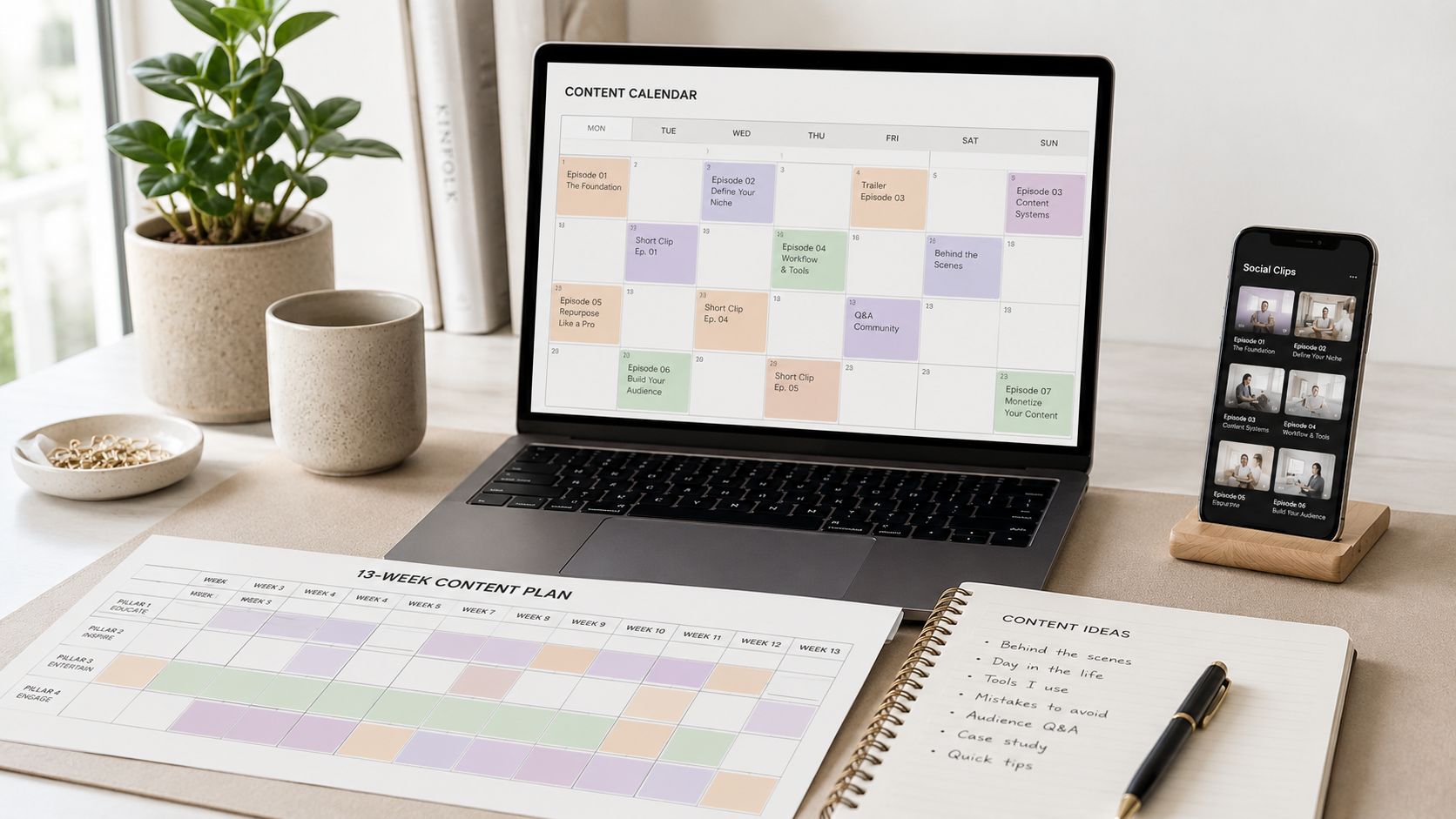 A modern workspace with a laptop displaying a content calendar, smartphone, and 13-week content planner.