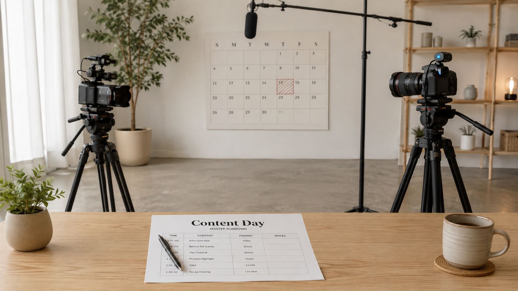 A professional content creator workspace setup featuring two cameras, a tripod, a microphone, and a production schedule.