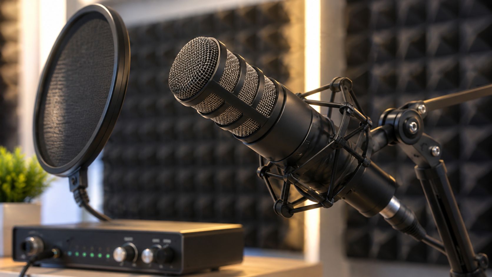 A professional microphone setup with a pop filter in a recording studio with acoustic foam panels.