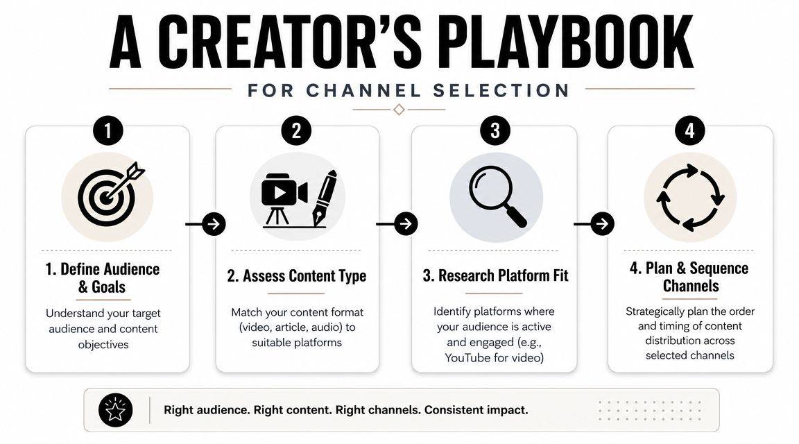 A four-step infographic showing a creator's playbook for selecting effective content distribution channels for their brand.