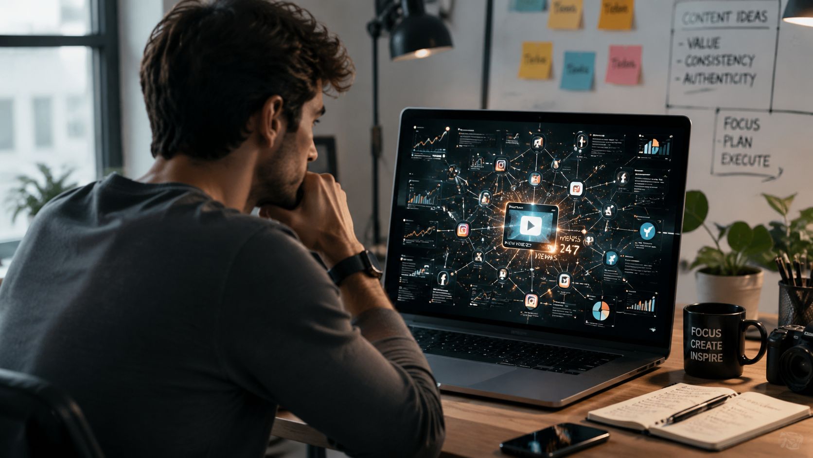 A focused man looking at a digital network of social media icons on his laptop screen.