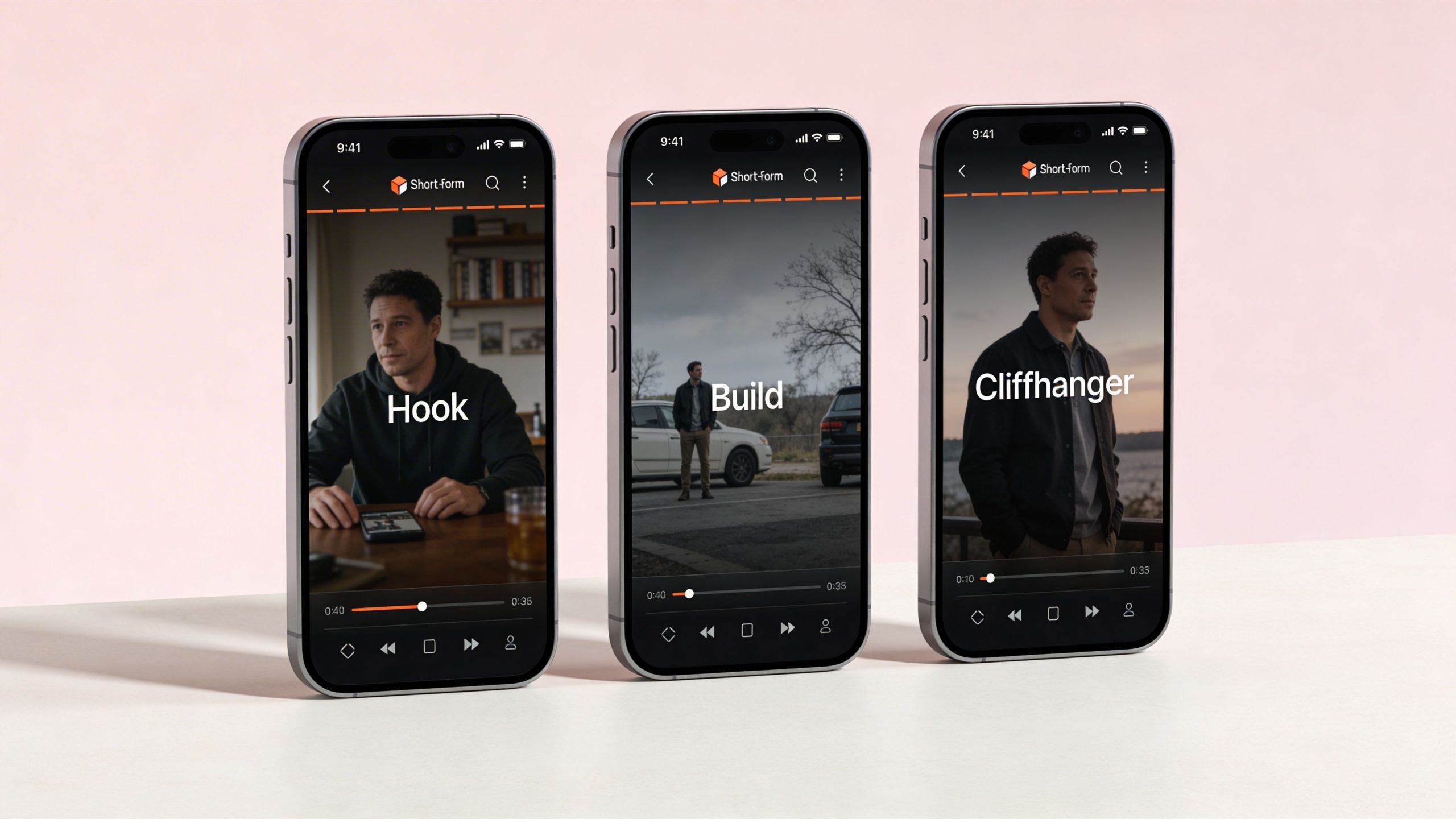 Three smartphone screens displaying video content with chapters labeled Hook, Build, and Cliffhanger for content strategies.