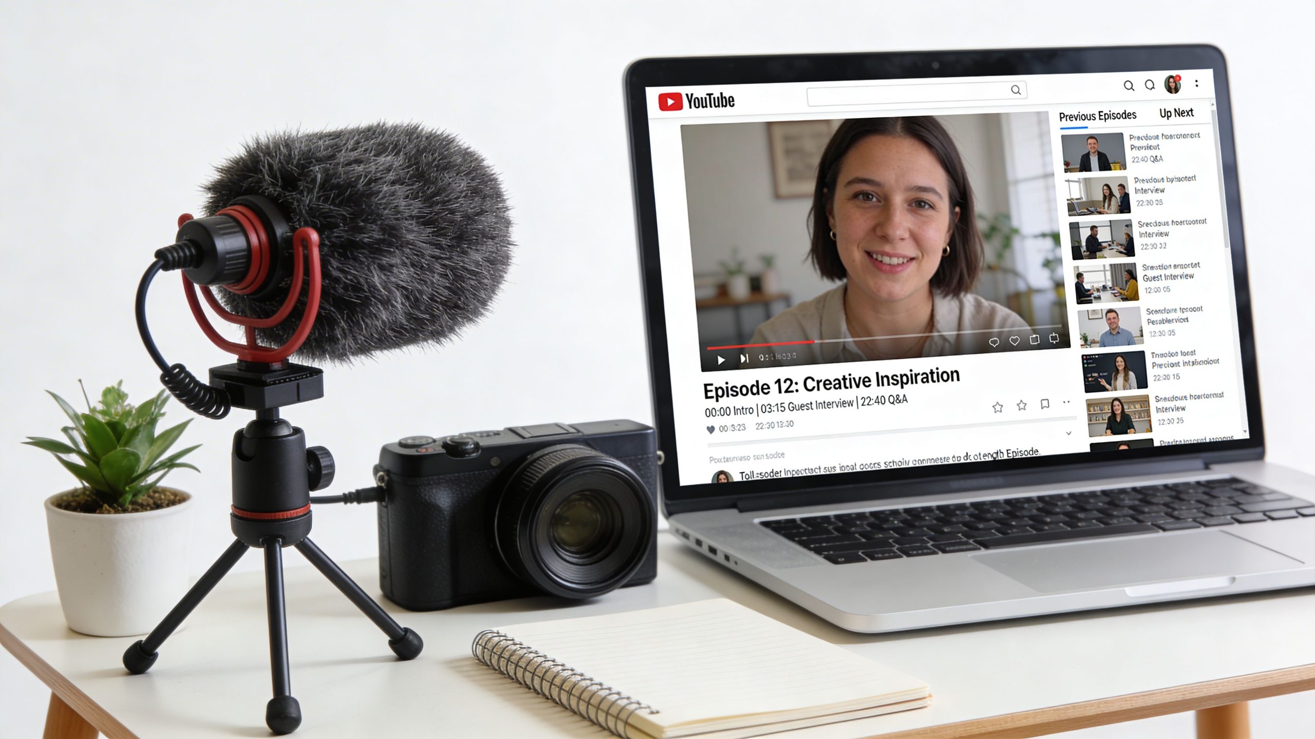 A laptop displaying a YouTube video about creative inspiration next to a professional microphone and camera setup.