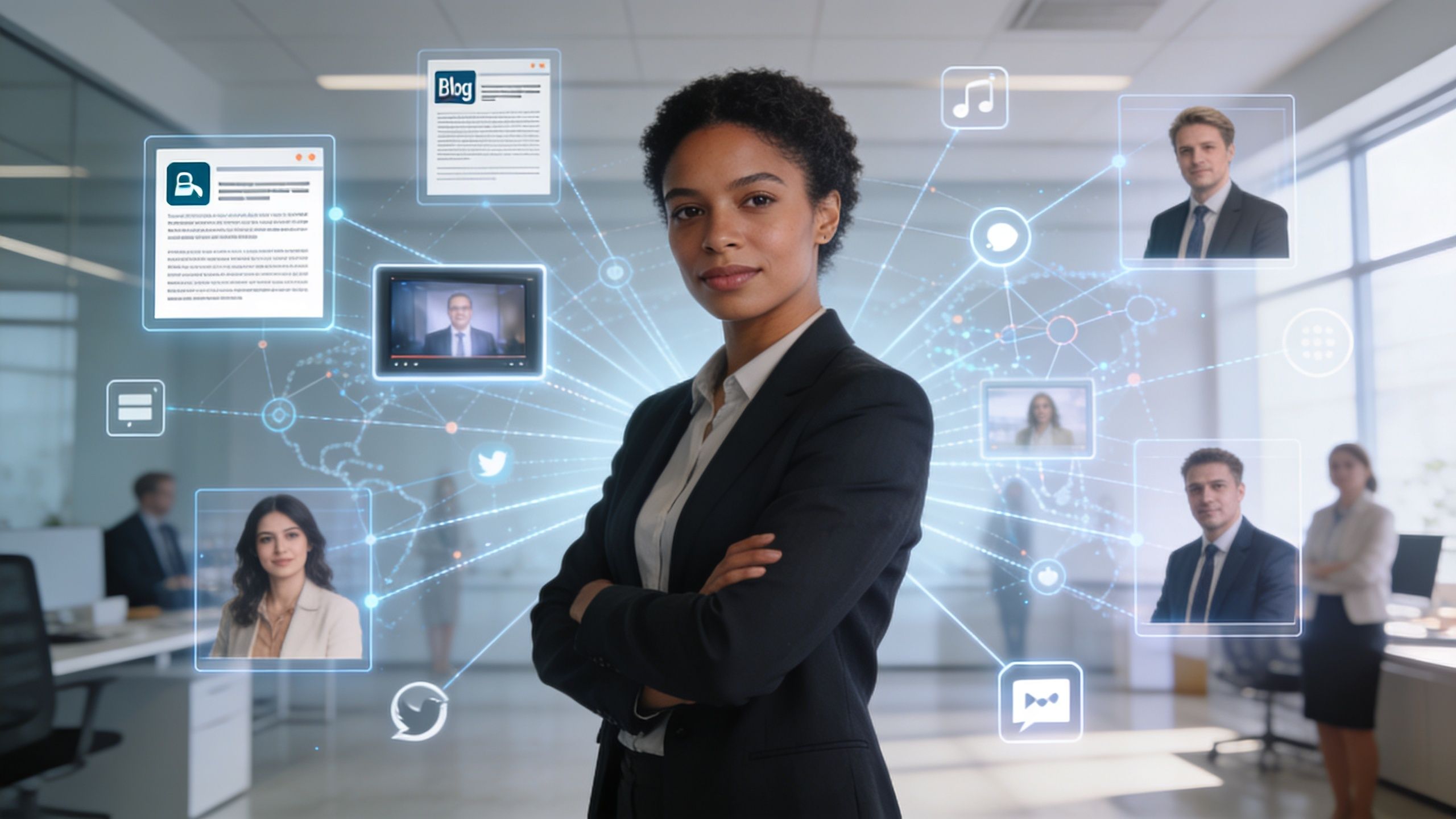 A professional woman standing in an office with digital networking icons and diverse business avatars surrounding her.