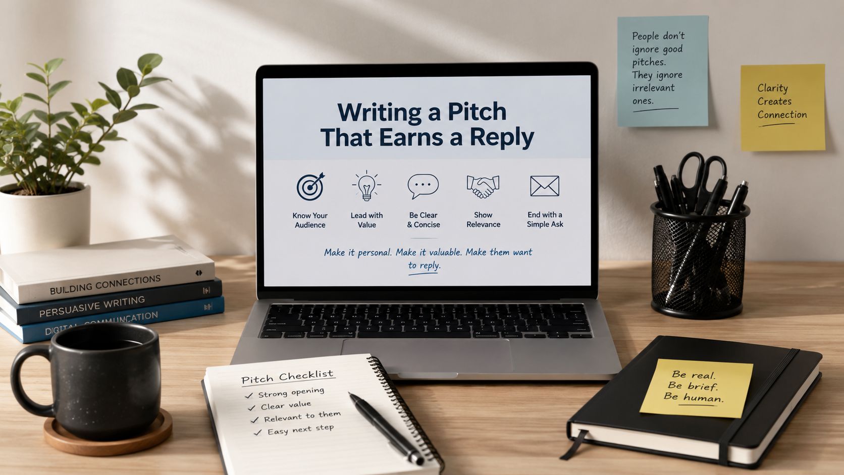A laptop displays tips for writing effective pitches on a desk with a notepad and office supplies.