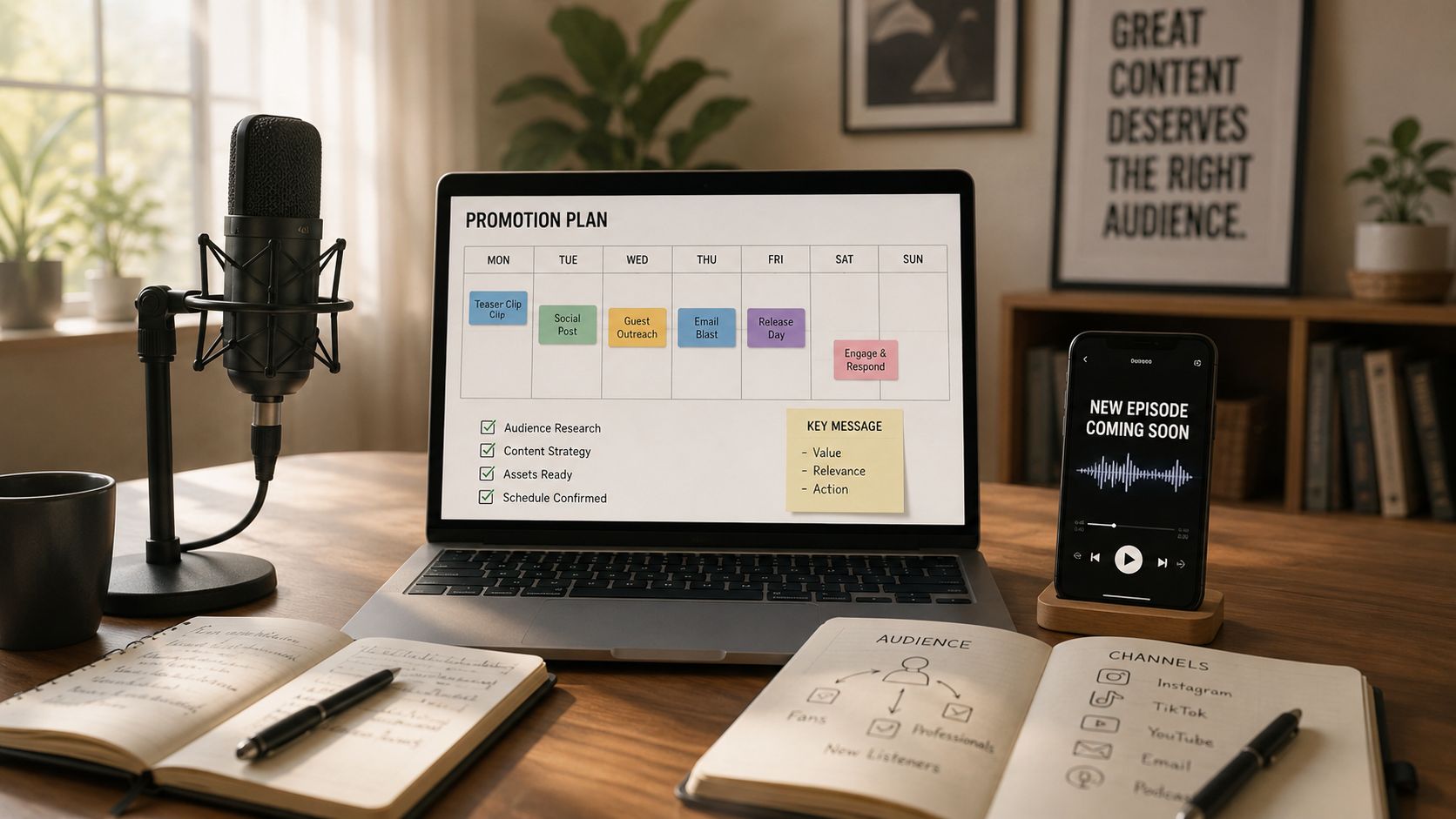A professional desk setup featuring a laptop with a podcast promotion plan, microphone, phone, and notebook.
