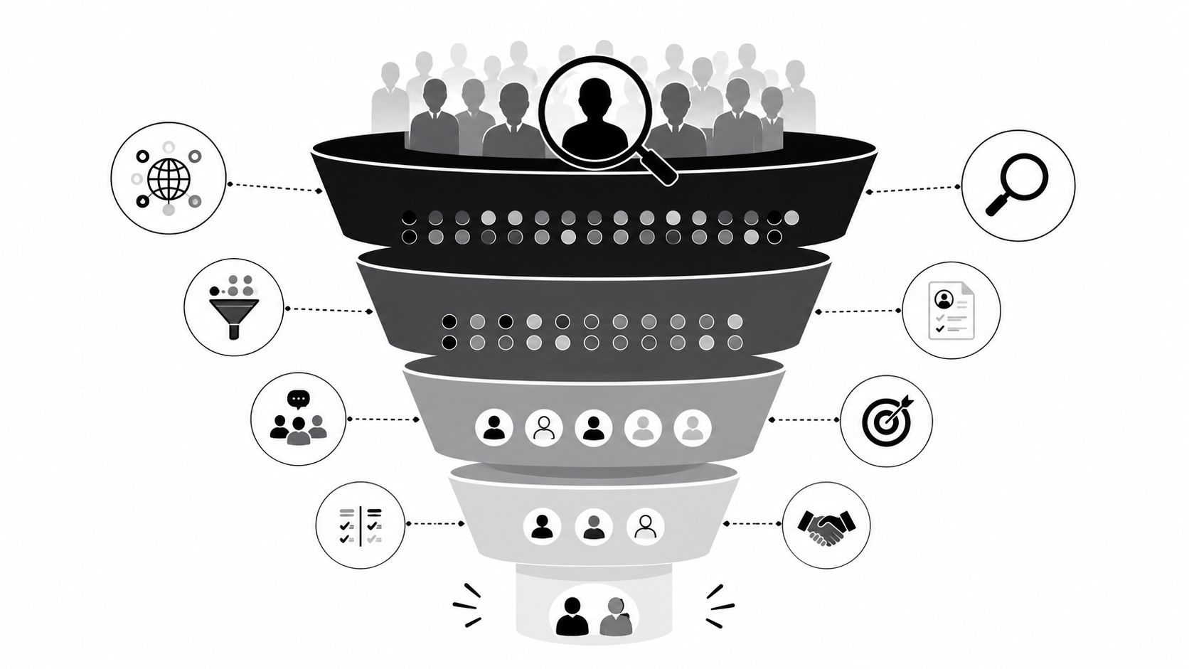 A funnel diagram representing the lead generation and recruitment process for finding podcast guests.