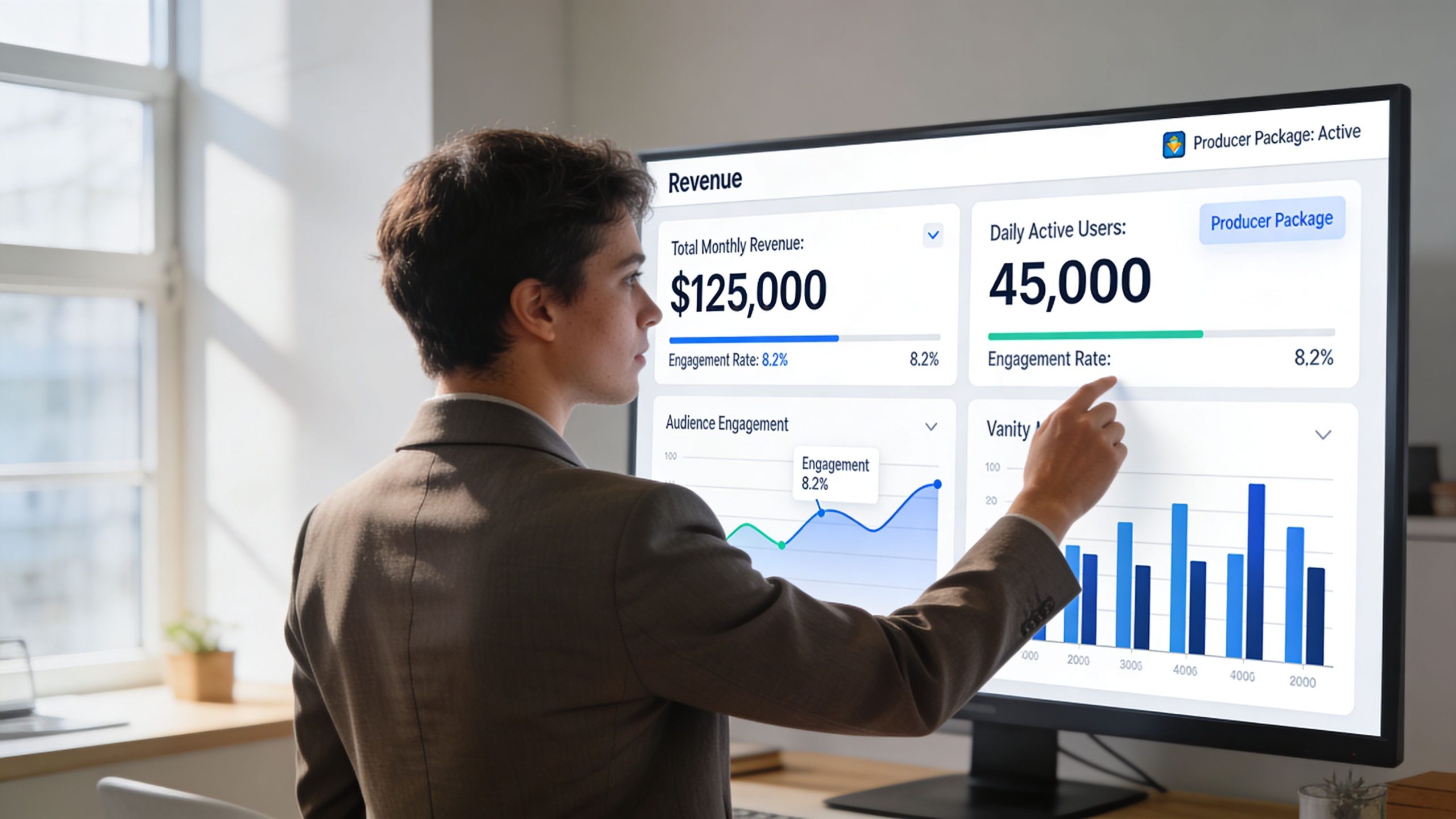 A professional man examining business analytics dashboard on a large computer screen in a bright office.