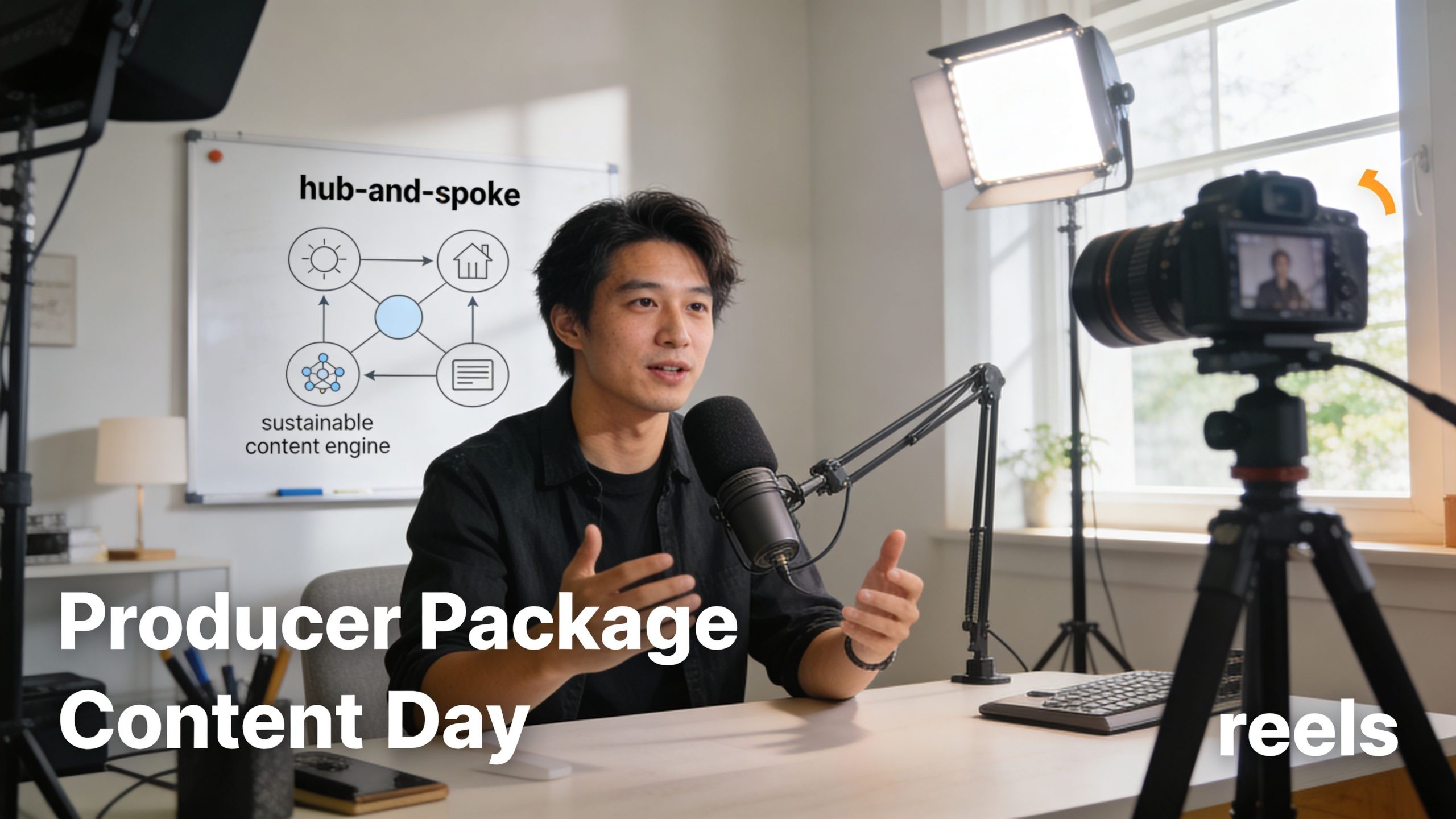 A content creator presenting a hub-and-spoke content strategy guide in a professional home studio setup.