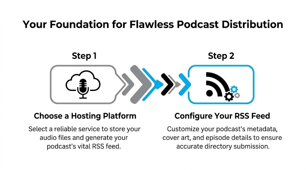 A two-step infographic illustrating the foundational process for successful and flawless podcast distribution.
