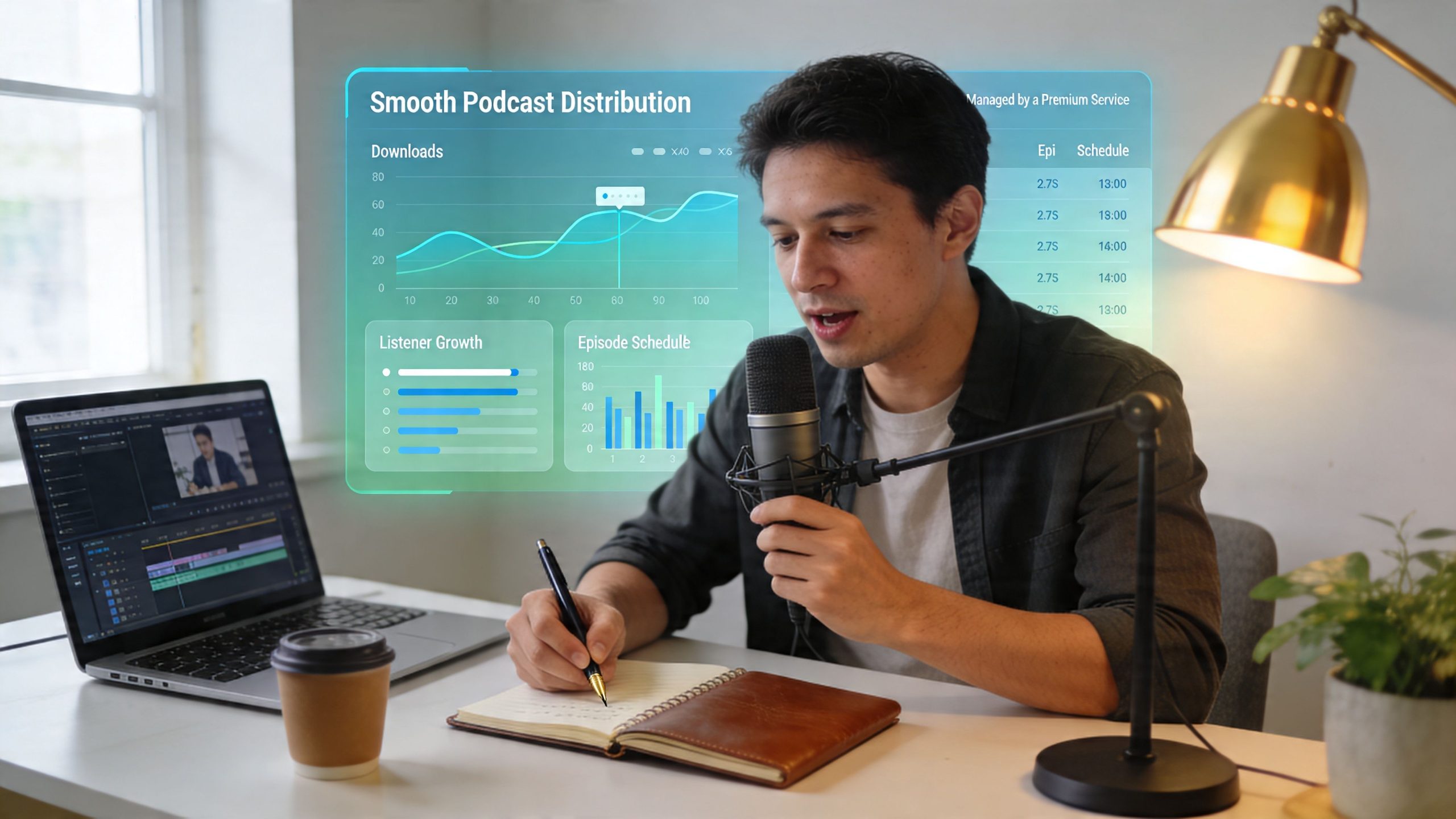 A young man recording a podcast in his home studio while viewing digital analytics on a screen.