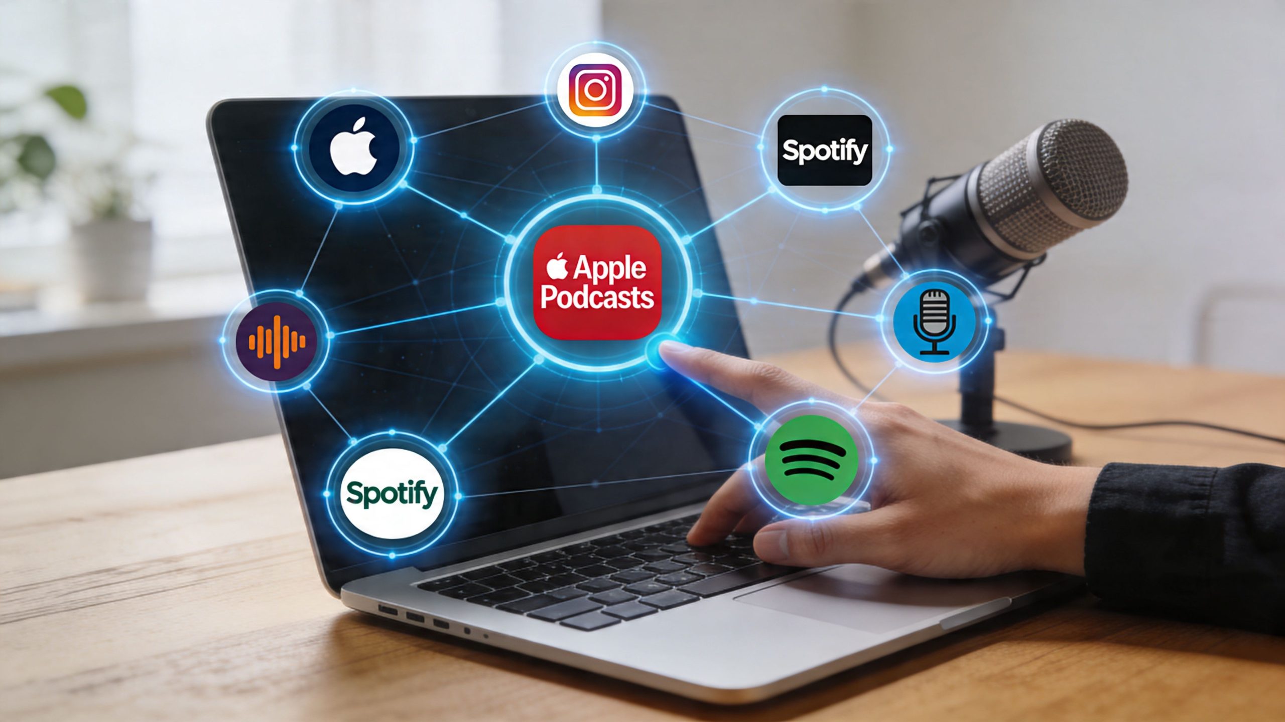 A hand using a laptop to distribute a podcast across various social media and streaming platforms.